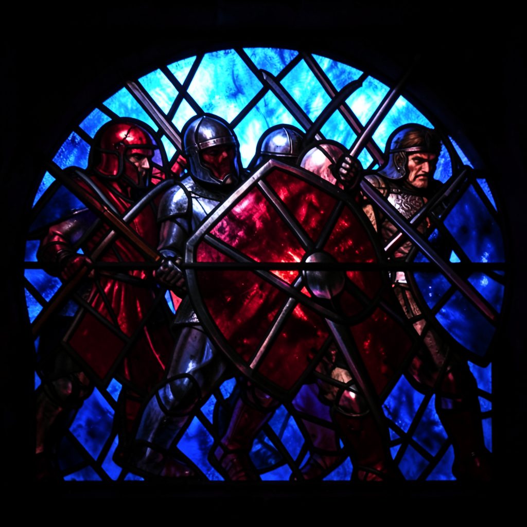 Stained-glass image of a team melee formation, shields overlapping, ruby and sapphire segments set in heavy black leading.